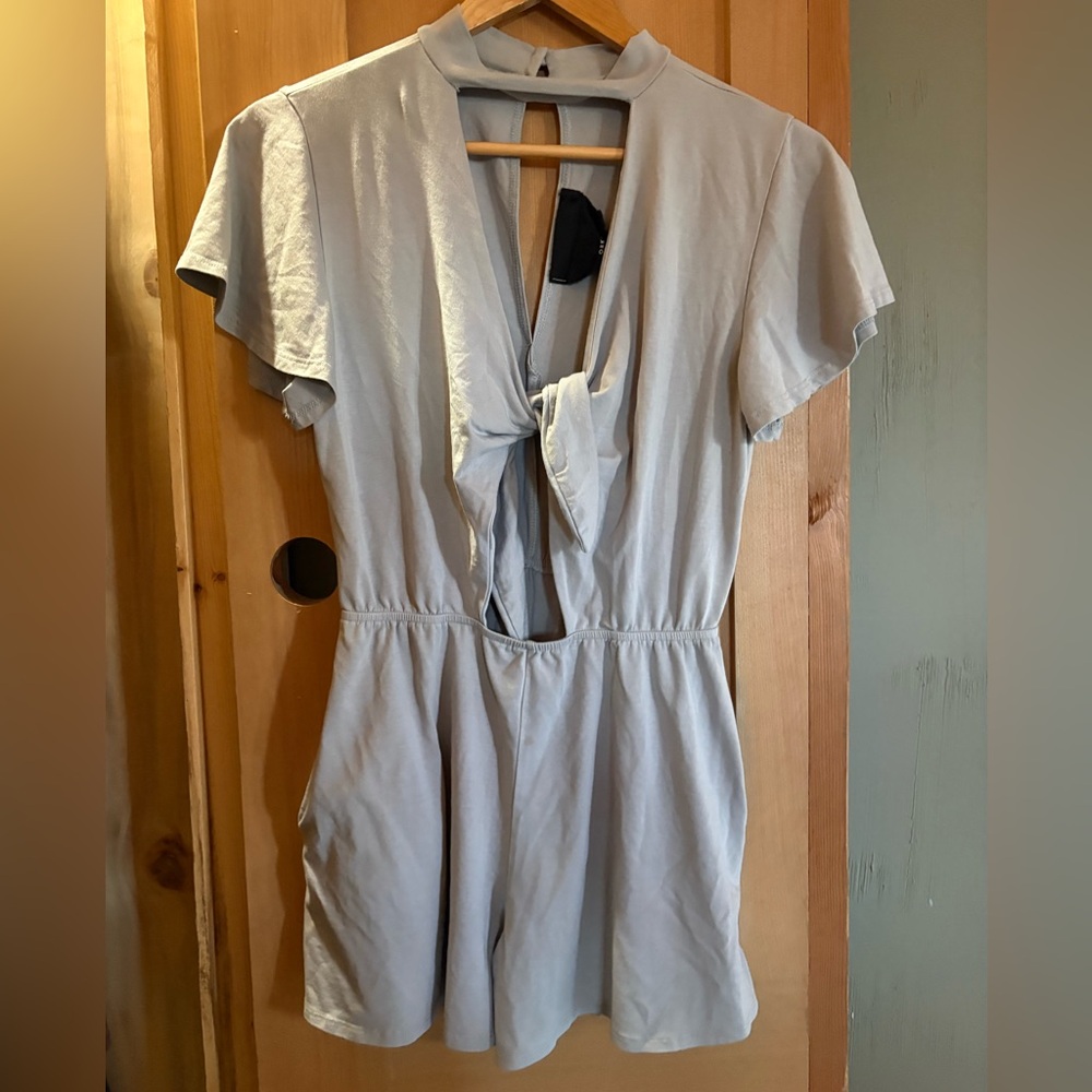 Workhall Light Blue Tie Front Short Sleeve Romper